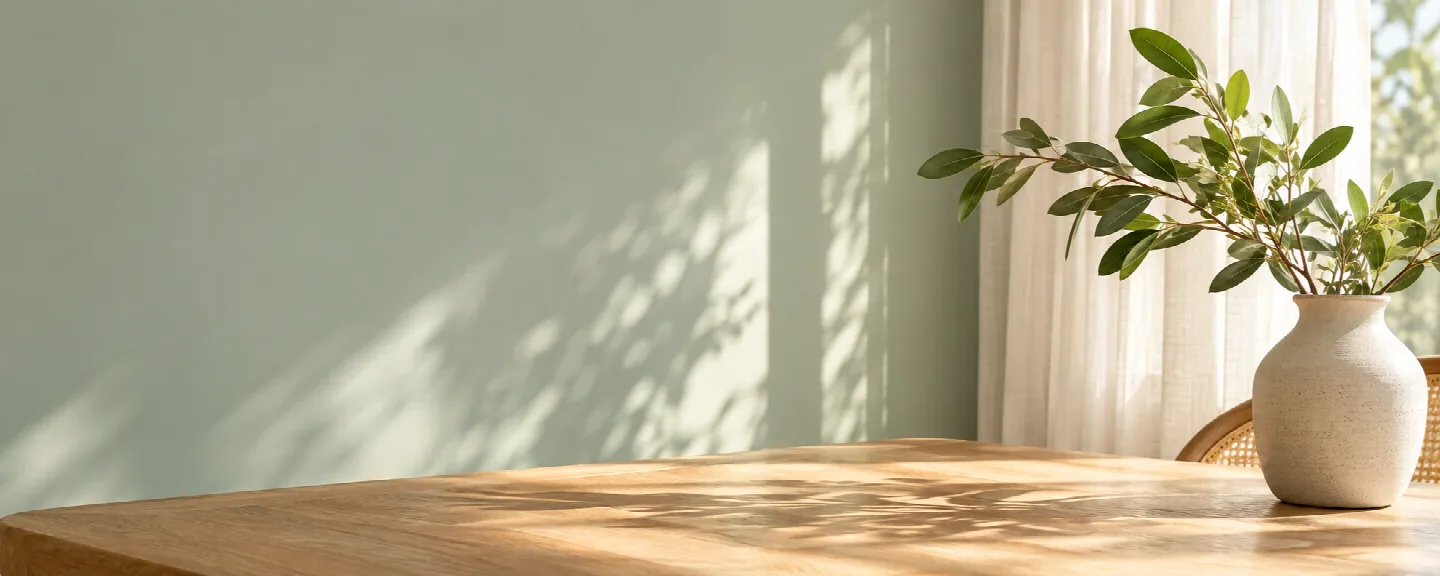 Sunlit oak table beside sheer curtains and a leafy plant