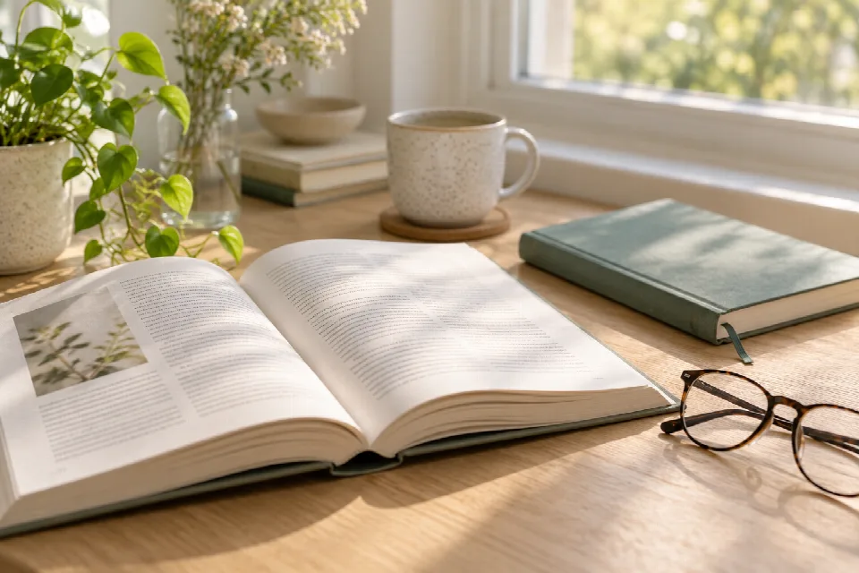 Open reference book, reading glasses and a teal notebook on a sunlit wooden desk