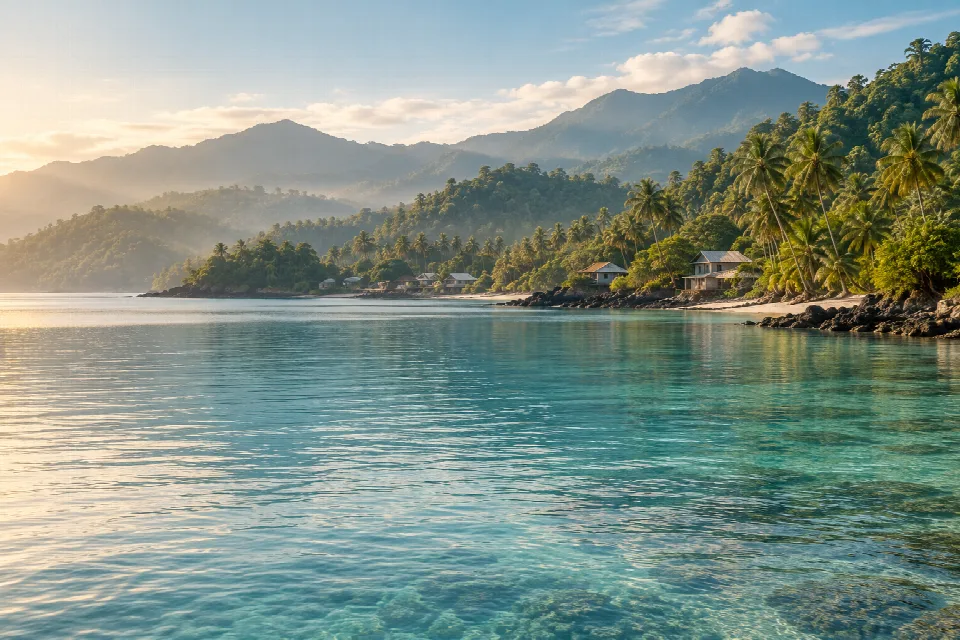 Illustrative tropical coastline with green hills, coconut palms and small waterfront homes