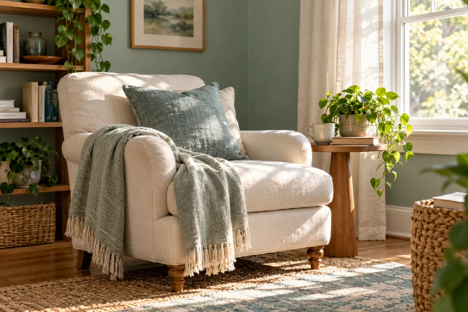 Ivory chair with a linen throw beside a sunlit window and a leafy indoor plant